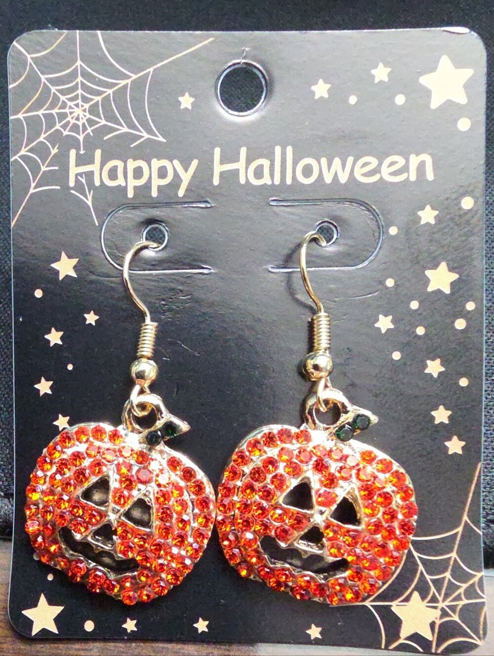 Halloween Pumpkin Rhinestone Dangle Earrings Orange Jack O’ Lantern, 12 Pairs Av
